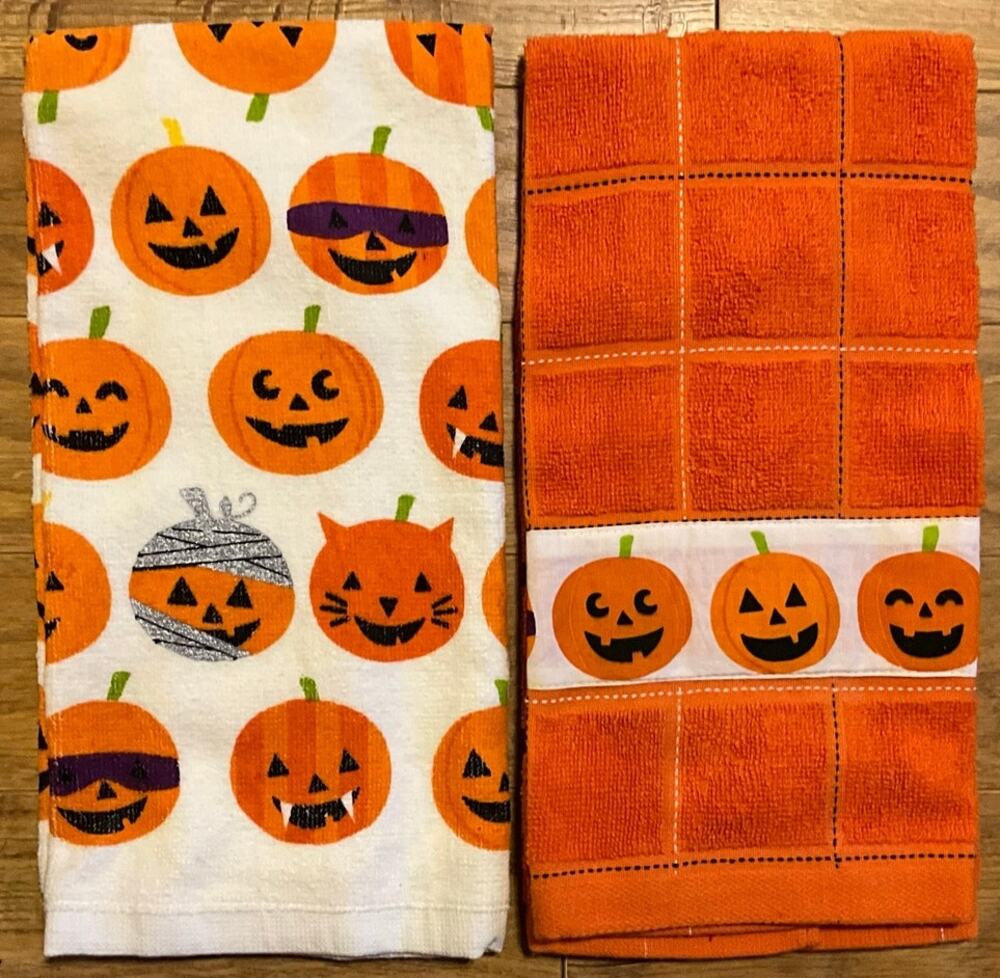 Happy Halloween 100% Cotton Dish Hand Tea Towels Orange White Pumpkins